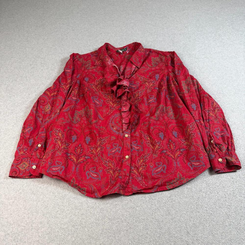 Vintage Lauren Jeans Co Shirt Women 1X Red Paisley Ruffle Romantic Boho 90s Y2K